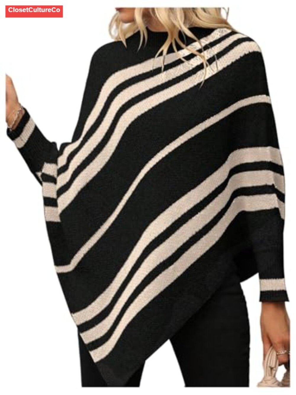 Striped Mock Neck Knitted Poncho Sweater Asymmetrical Top